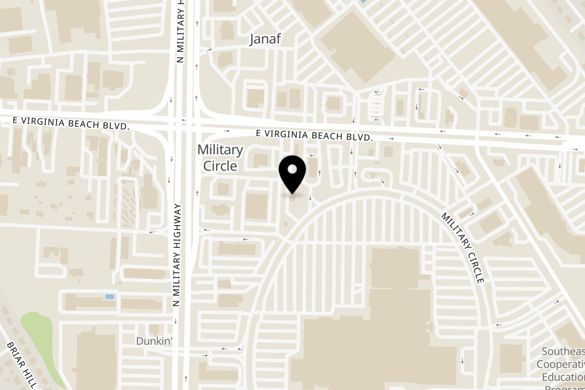 Map showing the location of Biryani Hub on 5745 E Virginia Beach Blvd in Norfolk
